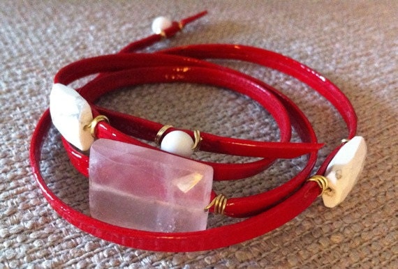 Red Patent Leather Wrap Bracelet with Rose Quartz and Faceted White Jasper