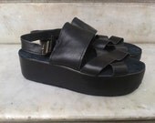 Leather Sandals with platform, black Height: 2 inch. (5 cm)/ wedge shoes.  (also available in large size)