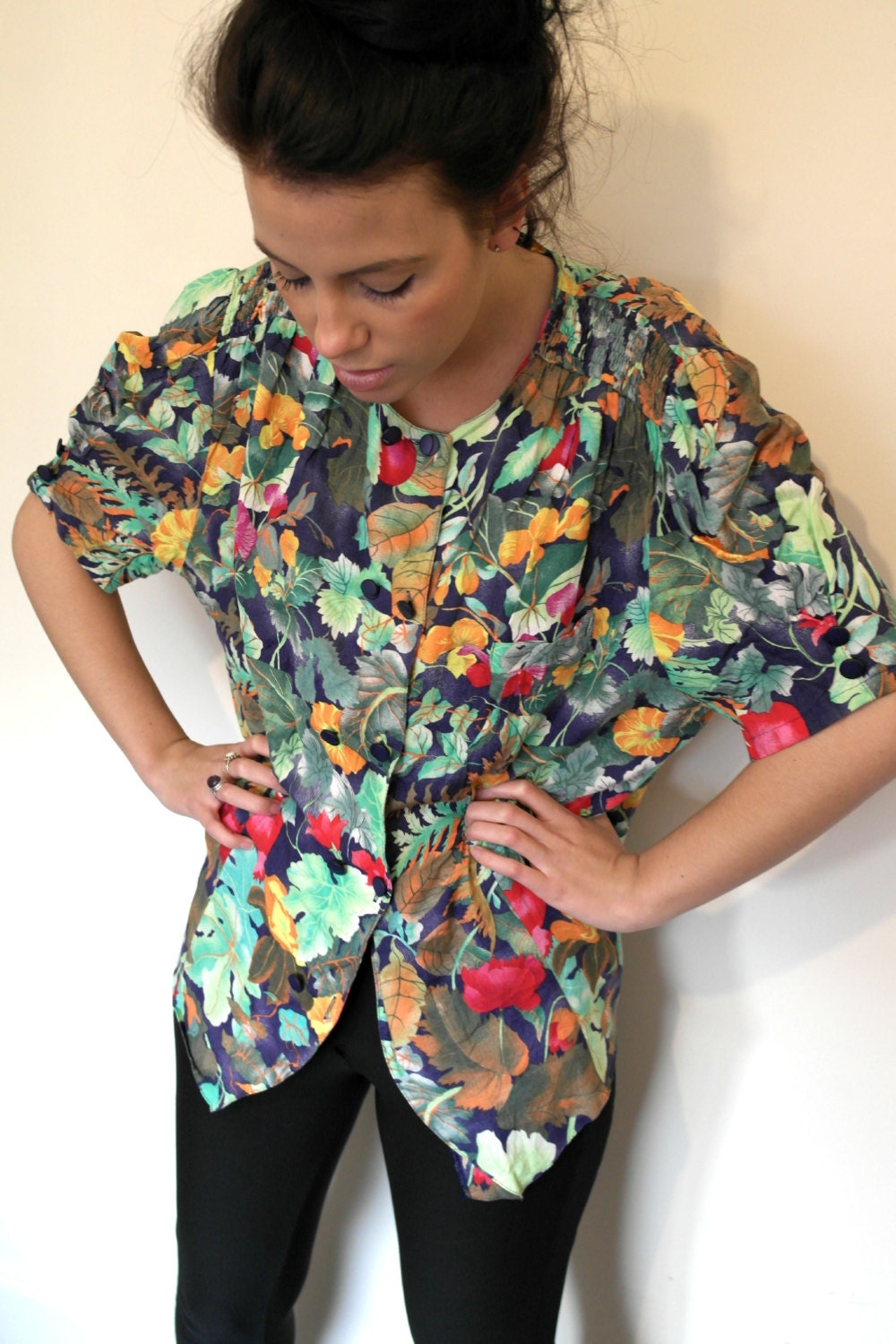 Vintage Oversized Floral Blouse Slouch Shirt 80s 90s Collarless