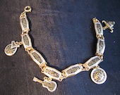 Damascene Bracelet Spain, Vintage Souvenir Jewelry, Charms Guitar Bullhead Sombrero Castanet