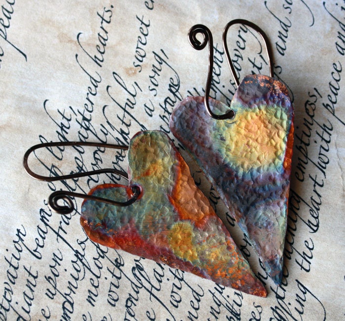 Heat Colored & Texturized Copper Heart Earrings
