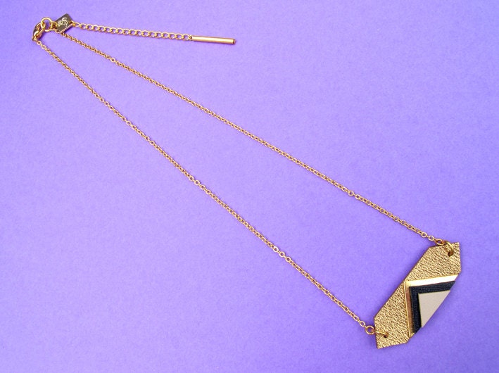 Louvre necklace gold, geometric jewel, leather and fine gold gilded 24K