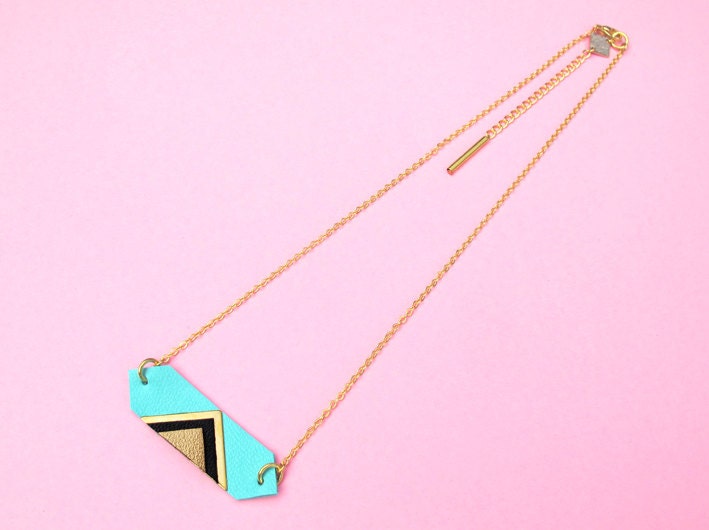 Louvre necklace mint, geometric jewel, leather and fine gold gilded