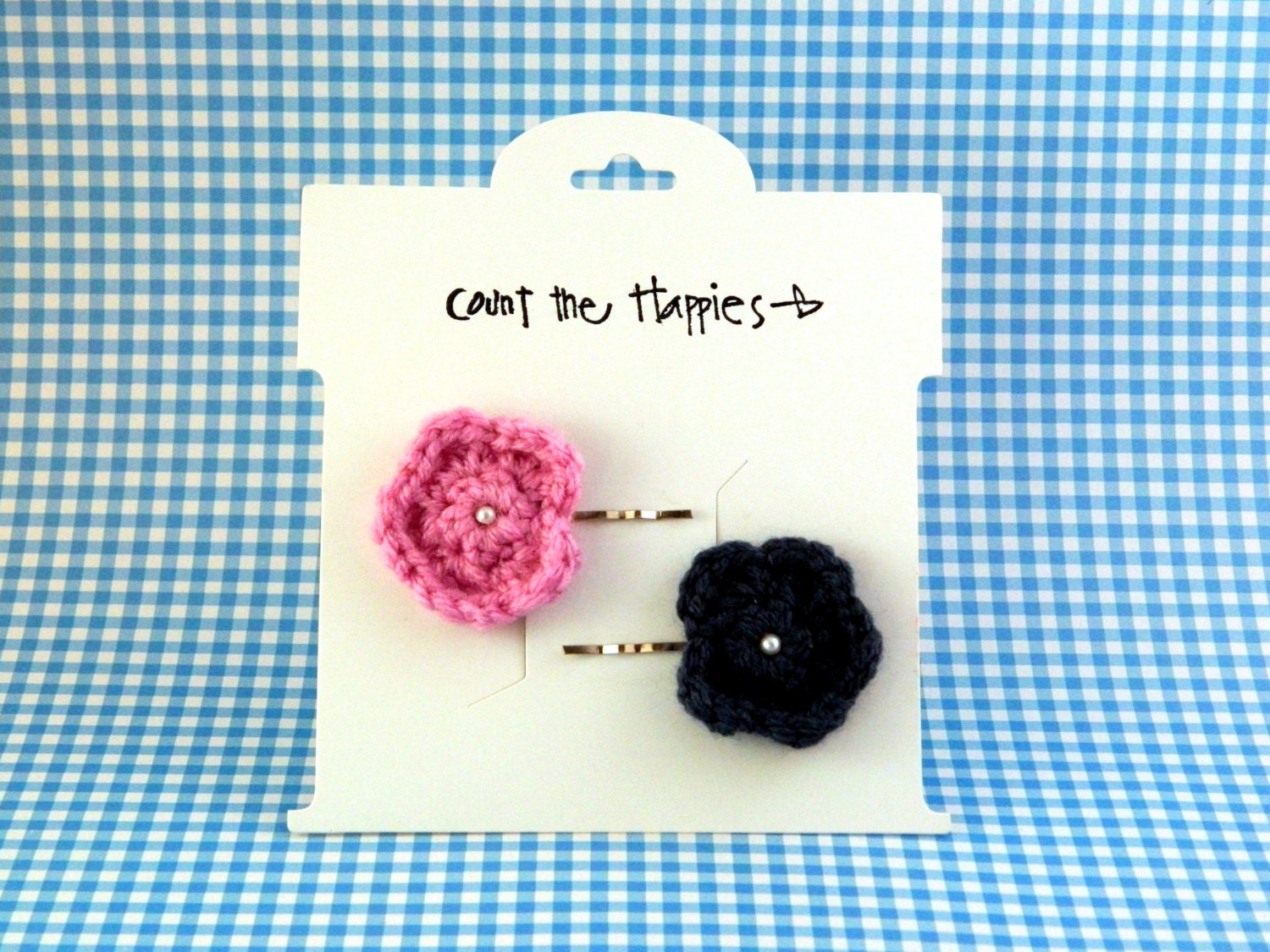 Two Crochet Flower Bobby Pins in Princess Pink and Navy Blue