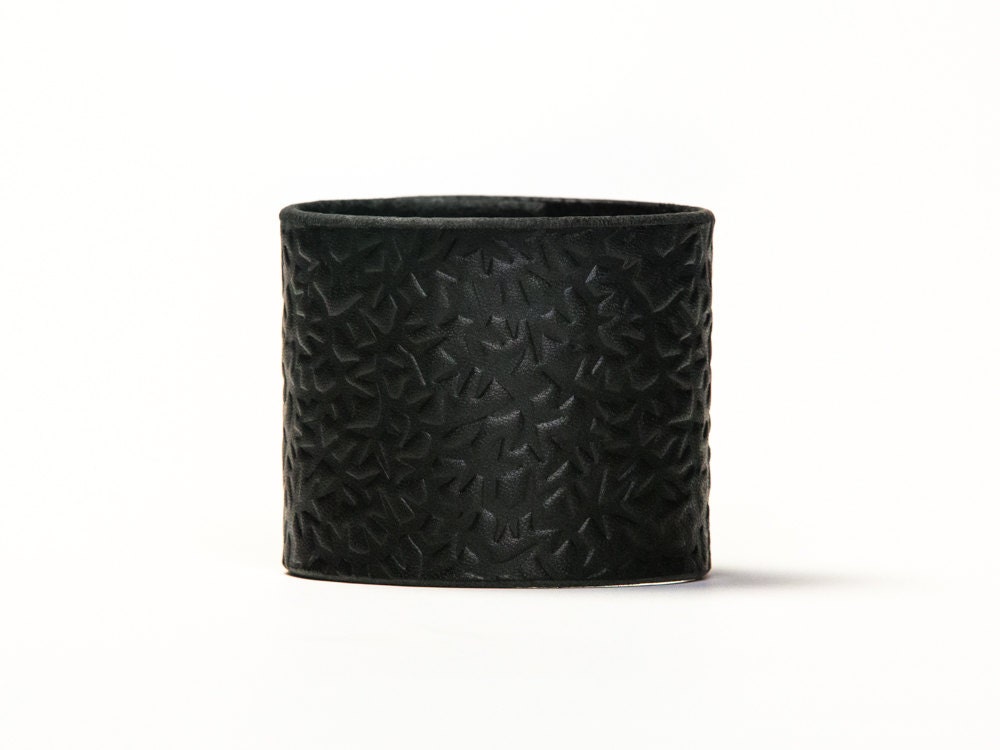 Leather Cuff  - Black Latigo - Embossed with Thorns - Ebony & Brass Fasteners - 2 Inches Wide