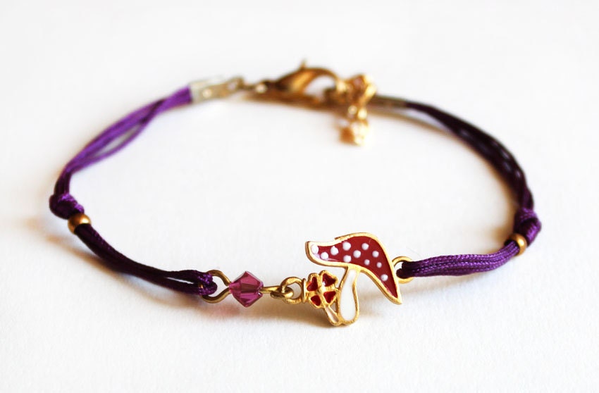 Charm bracelet Purple chinese silk cord bracelet with enamel mushroom and swarovski crystal best friend gift friendship bracelet birthday