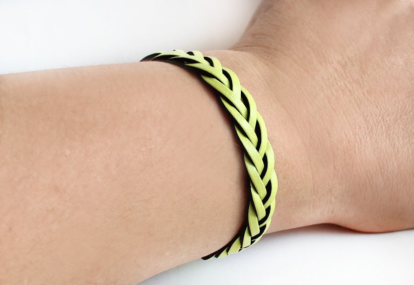Plait leather bracelet yellowish green cuff bracelet boho hippie rocker bohemian