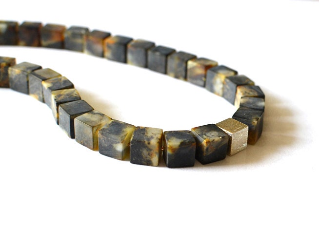 Chocolate Brown Vanilla Amber Cube Necklace / Coffee Latte Natural Amber Cube Sterling Silver / Woodland Earth Tones