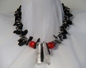 Beaded Necklace, Handmade Necklace, Handmade Jewelry, Red Coral, Quartz Crystal, Black Onyx, Hand Crafted