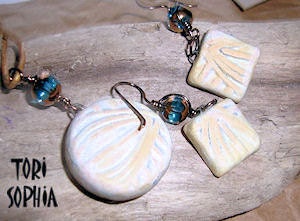 Necklace and Earring Set - Ceramic - Pale Blue with Tan Highlights - Handcrafted Art Beads -   S05