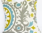 Pillow Grey Blue Green citrine natural 20x20 suzani summerland throw Pillow Cover same fabric front and back FREE SHIP