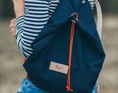 Navy blue cotton backpack KOALA / natural leather handles / perfect for picnic, walking and bicycle trips