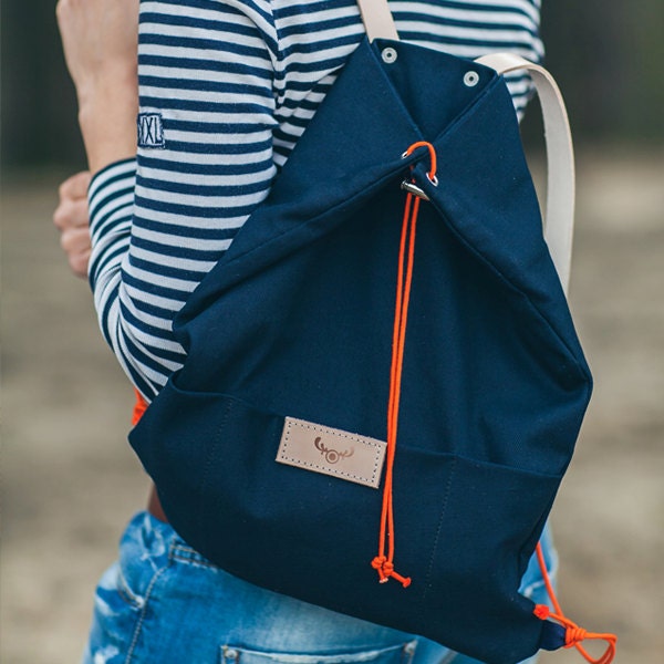 Navy blue cotton backpack KOALA / natural leather handles / perfect for picnic, walking and bicycle trips