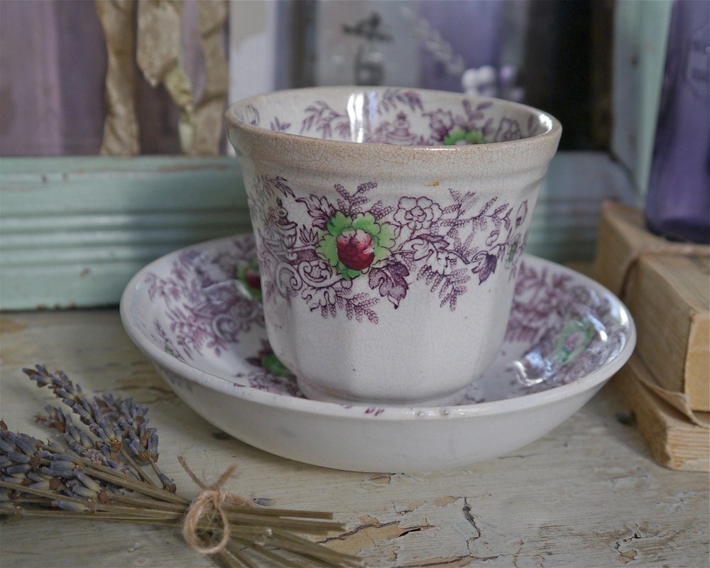 J. Wedgwood Tyrol Pattern Lavender with Green Flowers Transferware Ironstone Cup and Saucer