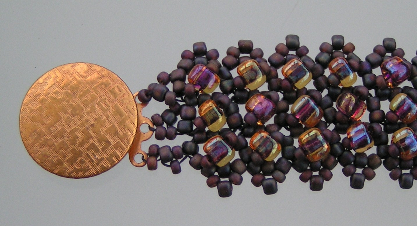 Woven beaded cuff bracelet: petrol and bronze glass beads