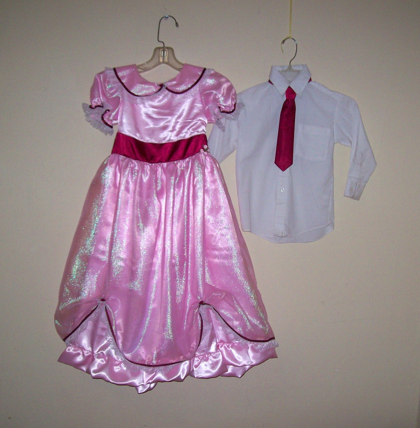 Brother sister matching outfit- pink satin ruffle back dress and satin velcro back tie