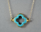 Turquoise Quatrefoil Clover Necklace, 24K Gold Edged, 14K Gold Filled Chain, Feminine, Eye Catching, Wonderful Necklace