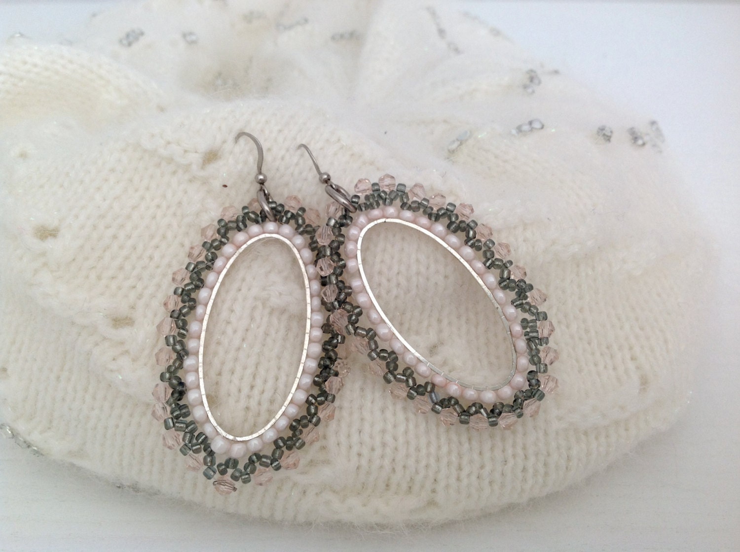 BEADED OVAL EARRINGS, light rose, grey, cream, dangle earrings, Easter gift, crystal beadwork, beadwoven jewels