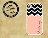 Personalized Chevron Iphone 4 case, Iphone 5 case 4s - Soft pink and black chevron - monogram Iphone plastic case silicone rubber (9955)
