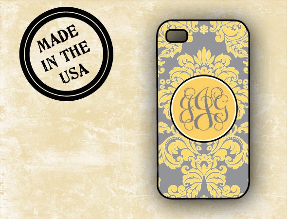 Personalized Iphone cover - Gray and yellow damask - Iphone 4s cover - plastic or silicone Iphone 5 case, Iphone 4 case monogrammed (9587)