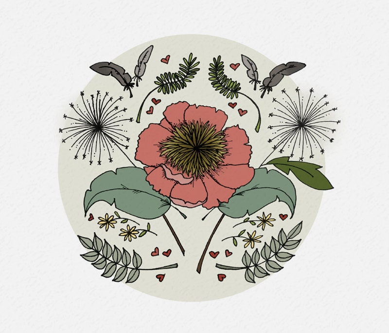 Peony print 8 x 10 . retro floral print . home decor . spring decor . coral . sage . hand drawn illustration .  garden .