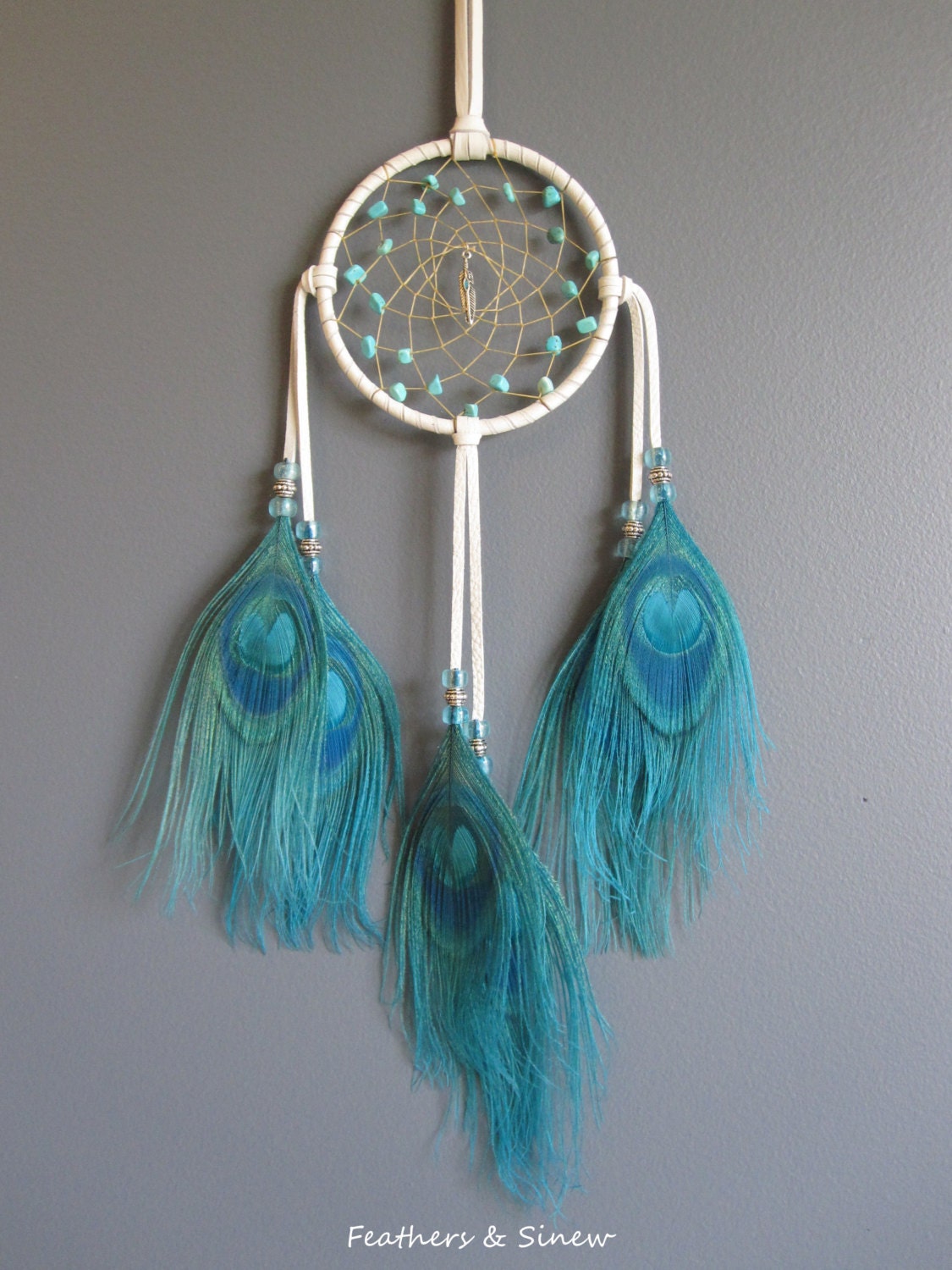 Dream Catcher White Deerskin Leather with Turquoise Peacock Eye Feathers