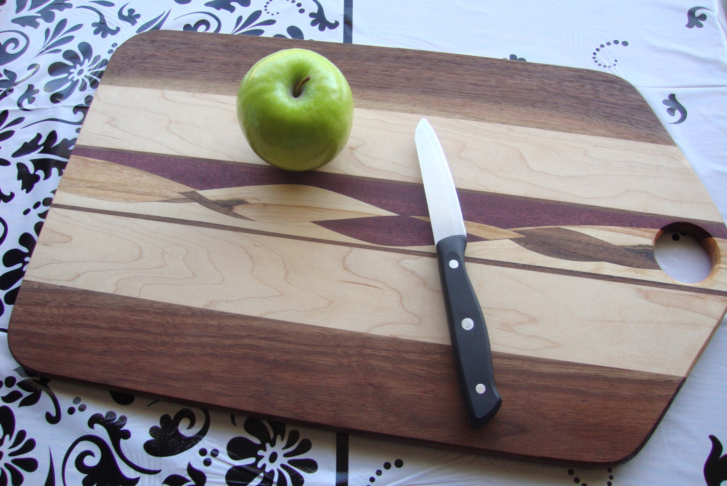 Cutting board or serving board, 18 inches, with Purple Heart, Maple, and Black Walnut