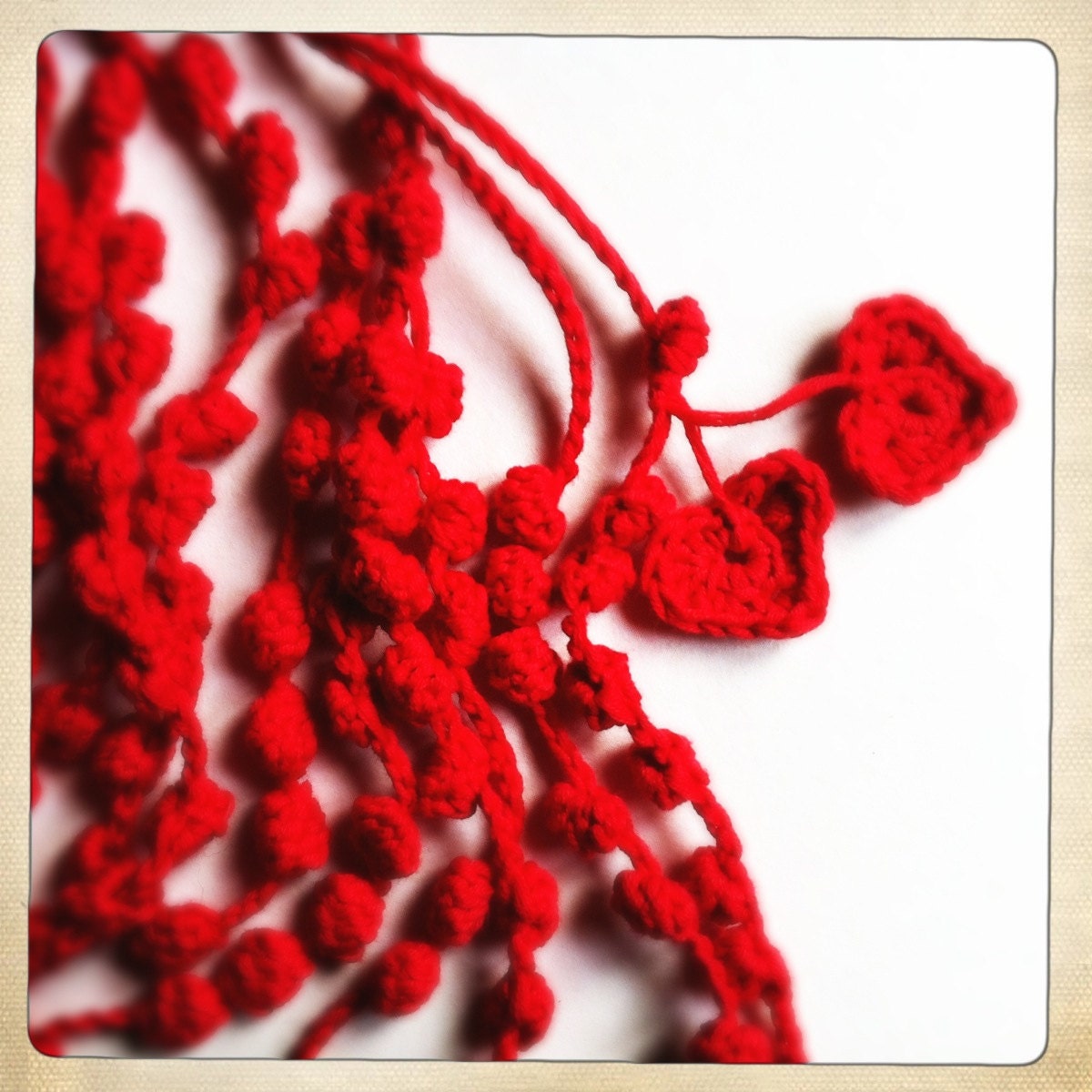 Red Crochet Statement necklace with 2 red hearts - Queen of Hearts
