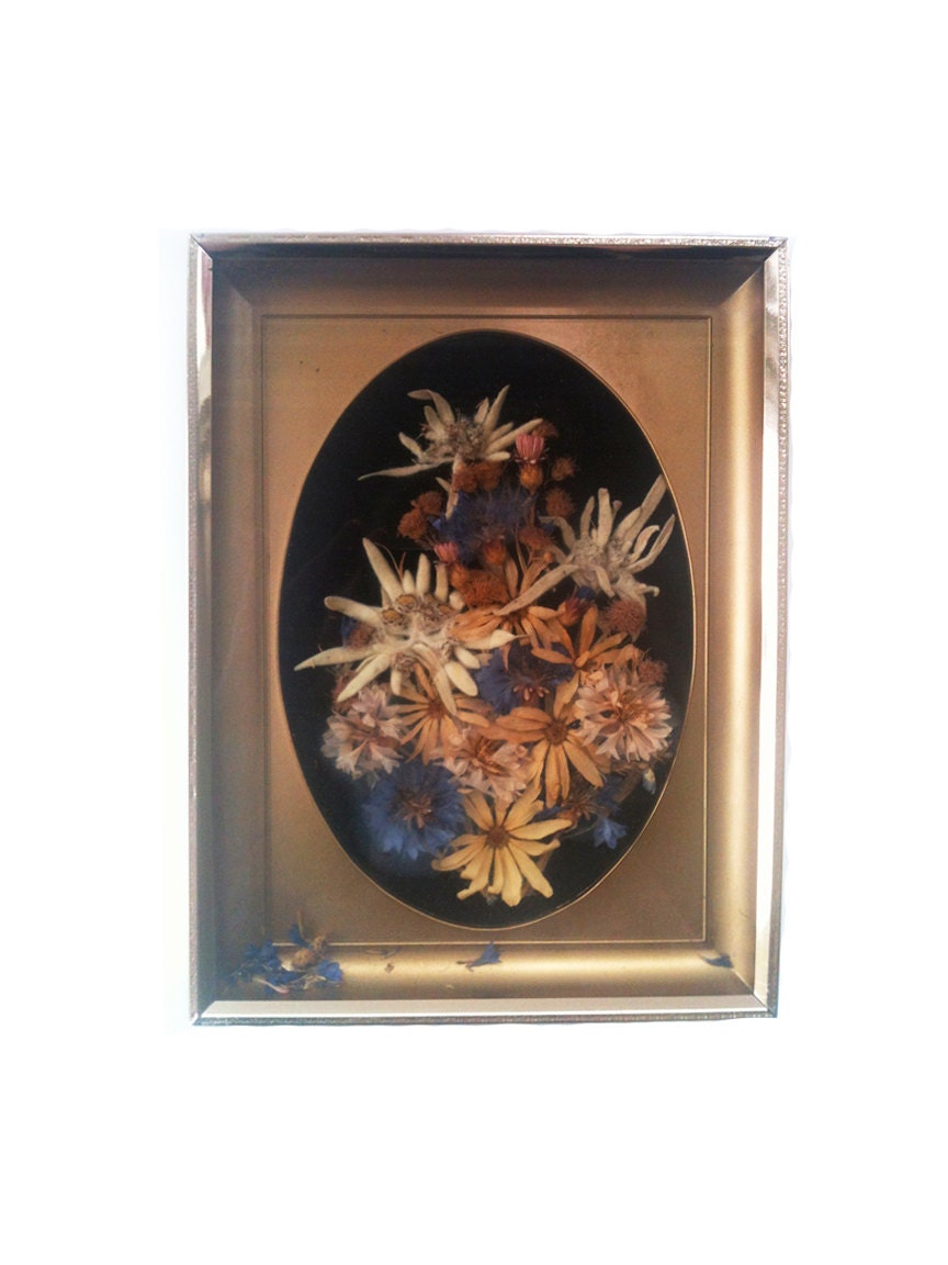 Gold Framed Dried Flowers Installation Wall Hanging or Desk Frame
