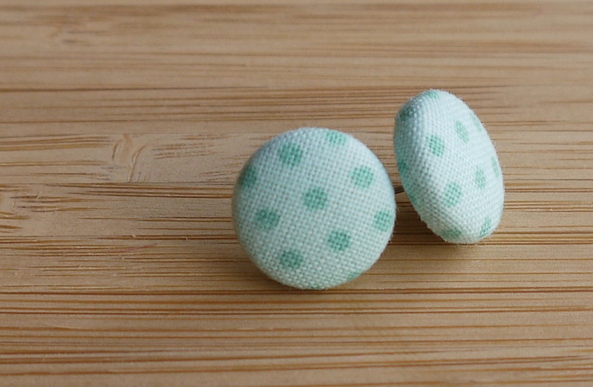 Fabric Covered Button Earrings - Light Teal Polka Dots