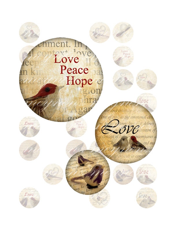 Birds in Love - Printable 1 inch round for jewelry, magnet - Jpg File no. A029 - meynenz
