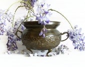 Vintage brass bowl, footed, hand etched & hammered flowers. Side handles. Centerpiece, display, rustic home decor pot. Olive green houseware