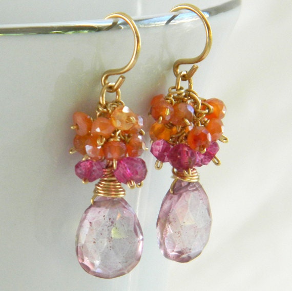 Pink  Gemstone Earrings, Gemstone Cluster , 14k Gold Wire Wrapped Cluster Bead Earrings, Pink Orange Dangle Earrings