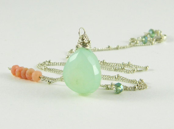 Mint Calcedony Layering Necklace, Long  Sterling Silver Layered Necklace, Pink Opal, Feminine Necklace