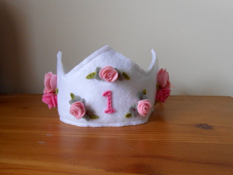 White Birthday Felt Crown with Pink and Grey Roses