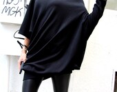 Oversized Black Asymmetryc Top / Both short and long sleeves / Casual Loose Blouse