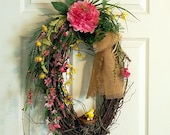 Summer Spring Grapevine Wreath, Burlap Bow, Pink Peony, Bird Nest, Front Door Wreath, Gifts