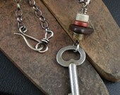 Old Vintage Key Sterling Silver Greek Ceramic Bead Rustic Necklace