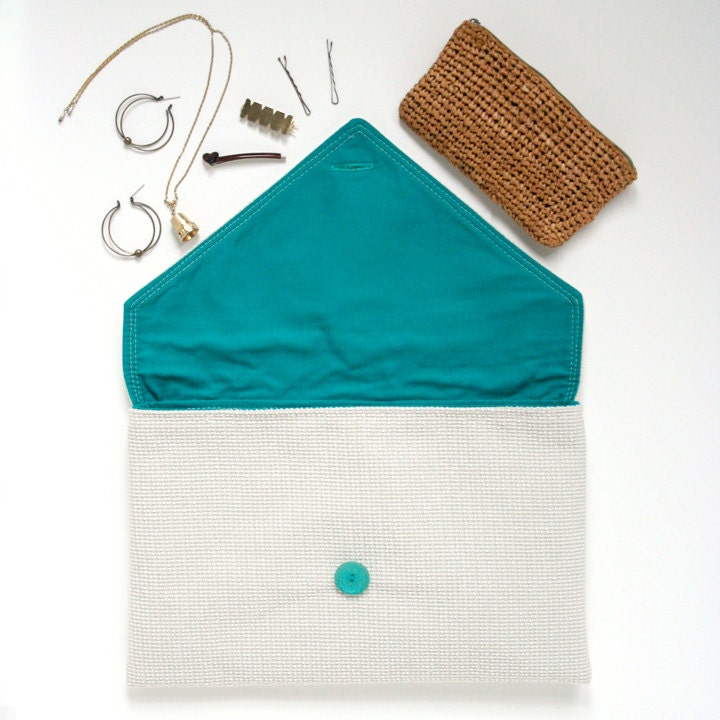 White and Teal Pendleton Upholstery Fabric Clutch