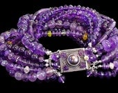 Amethyst and Sterling Silver 9-Strand Bracelet with Citrine, Peridot, Beryl and Freshwater Pearl