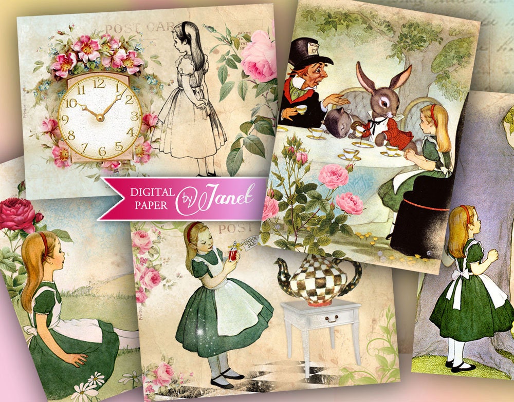 Alice in Wonderland - Post Card - illustration - digital collage sheet - set of 8 - Printable Download
