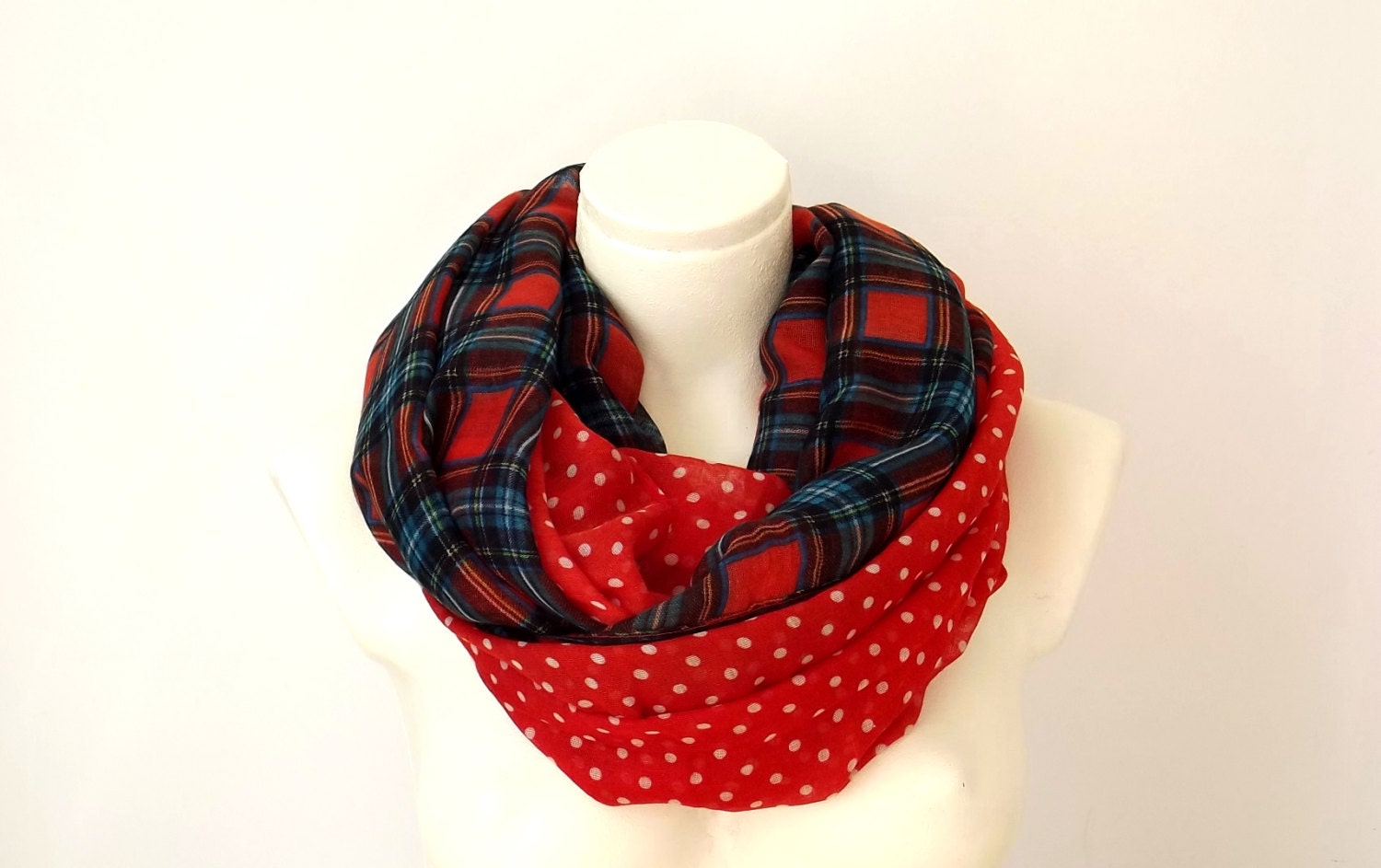 Infinity Scarf Plaid Polka Dot -Turquoise Black & Red Ivory - Loop Circle Chunky Scarf Spring Accessory