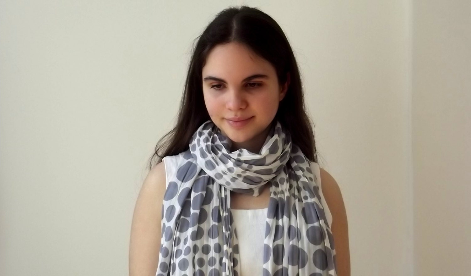 Ivory Scarf  Lilac Grey Polka Dot - Crinkled Scarf - Colors of Springtime