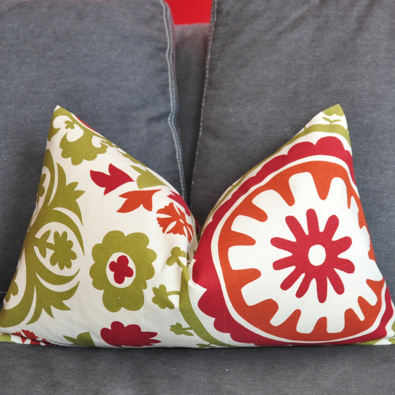 ON BOTH SIDES -  Decorative Pillow Cover - Throw Pillow Cover - Suzani - Red - Orange - Olive - 12x20 inch