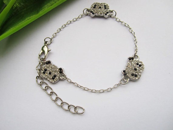 panda bracelet--Stick diamond lesser panda pendant ,antique silver bracelet