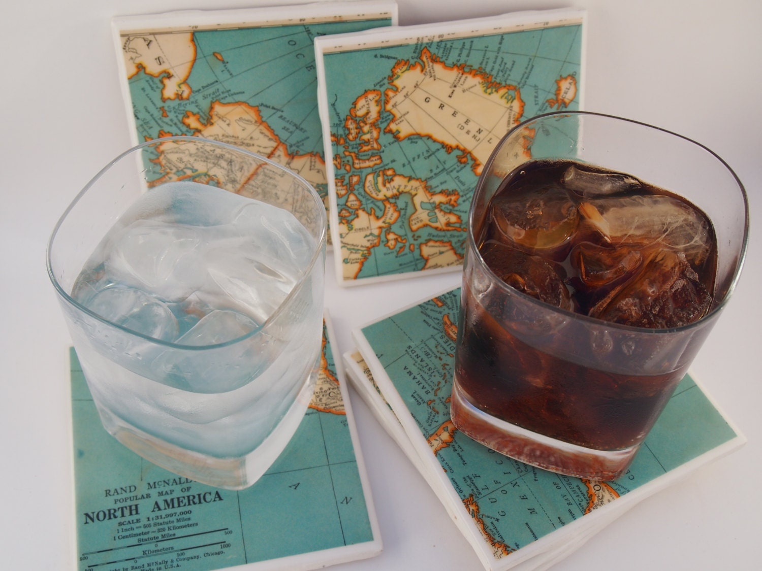 1937 North America Handmade Vintage Map Coasters - Ceramic Tile Coasters Set of 6 - Repurposed 1930s Atlas - OOAK Drink Coasters