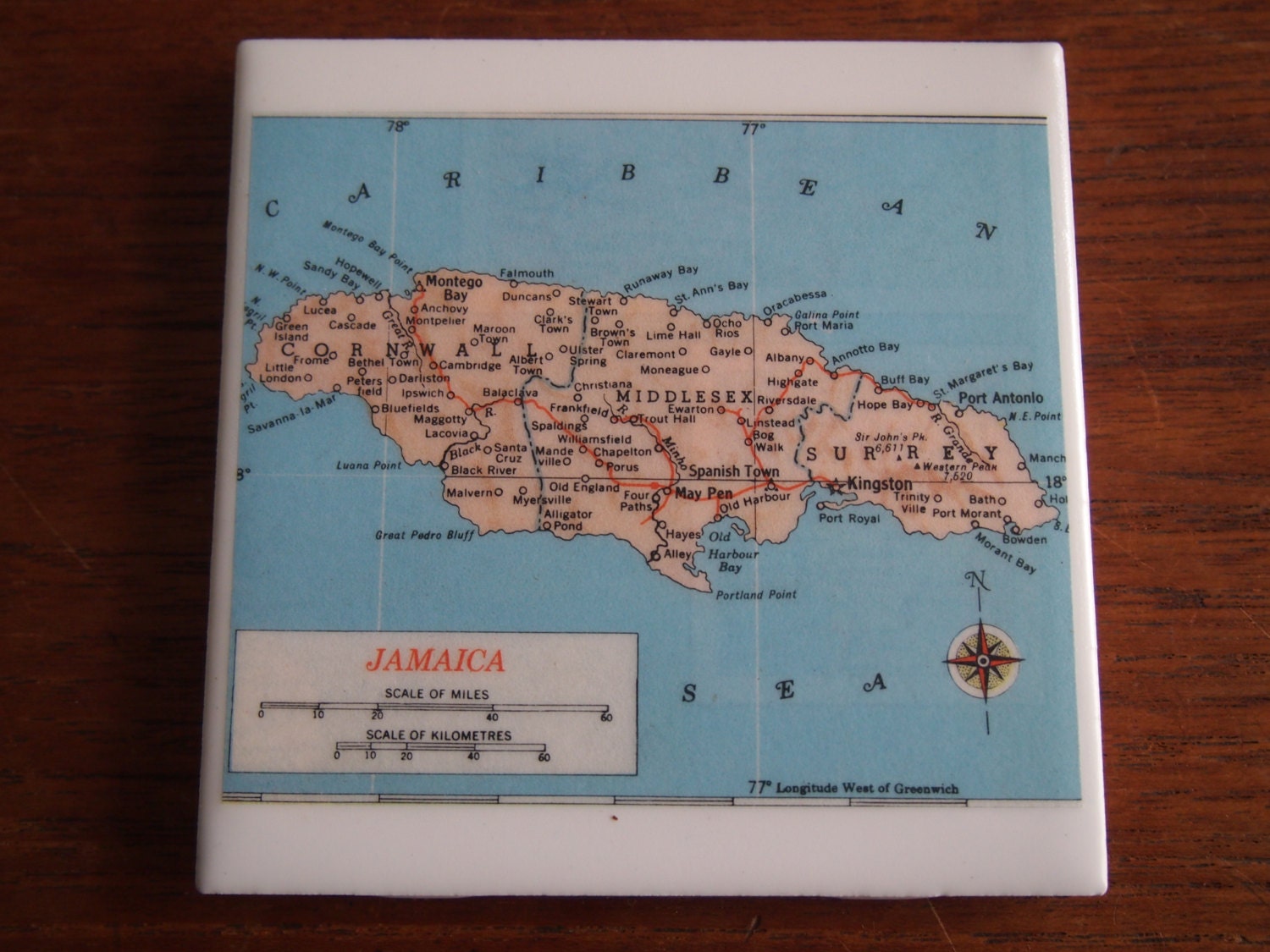 1957 Jamaica Handmade Vintage Map Coaster - Ceramic Tile Coaster - Repurposed 1950s Hammond Atlas - OOAK Drink Coasters