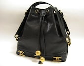 CHANEL / Vintage Drawstring Chain Shoulder Bag / Triple CC logo / Caviar skin Black / 100% authentic and World wide FREE shipping