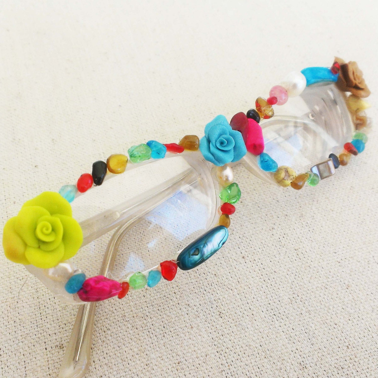 Custom Embellished Eye Glasses - Adorable and Quirky Reading Glasses - Polymer Clay roses - Glass & Acrylic Beads - Fashion Eyewear