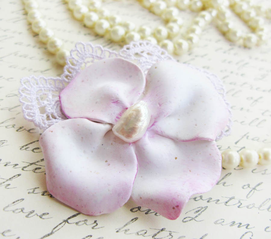 White Polymer Clay Flower and Freshwater pearl Lace Brooch - Accessorize Anything -  Beautifully Packaged